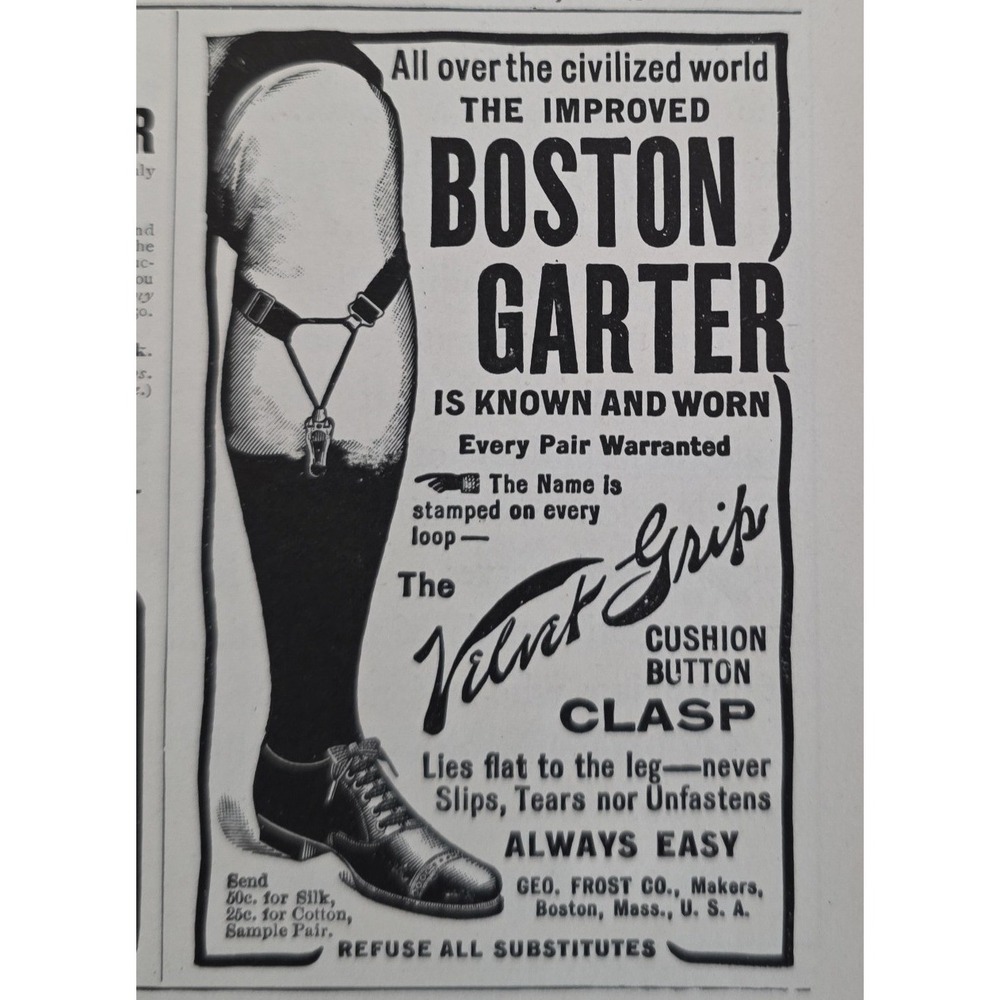 1904 Boston Garter Velvet Grip Ad Print Geo Frost Co Mens Fashion Art Black